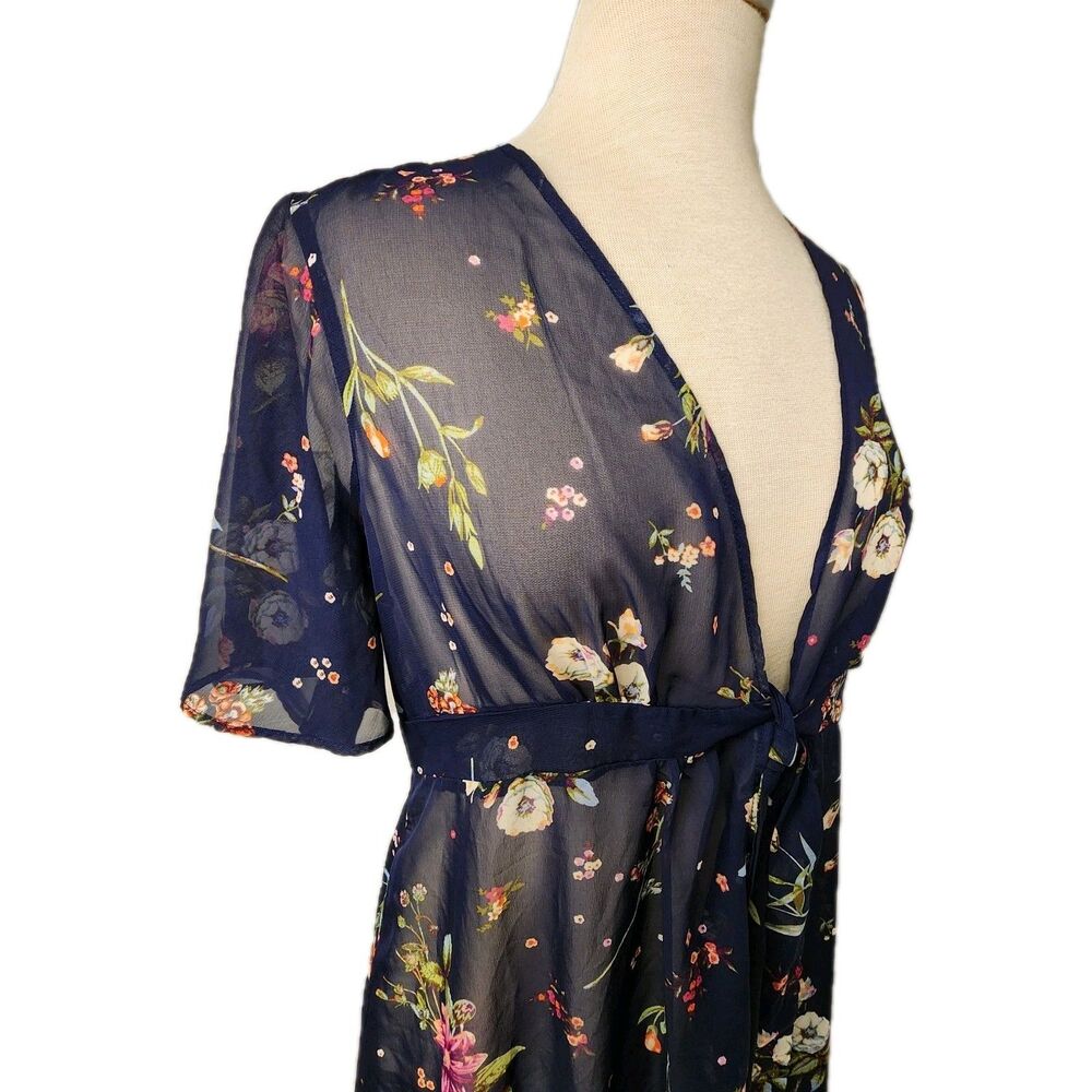 Moa Moa Sheer Kimono Navy Blue Womens L Floral Flutter Sleeve Cover-up High/Low
